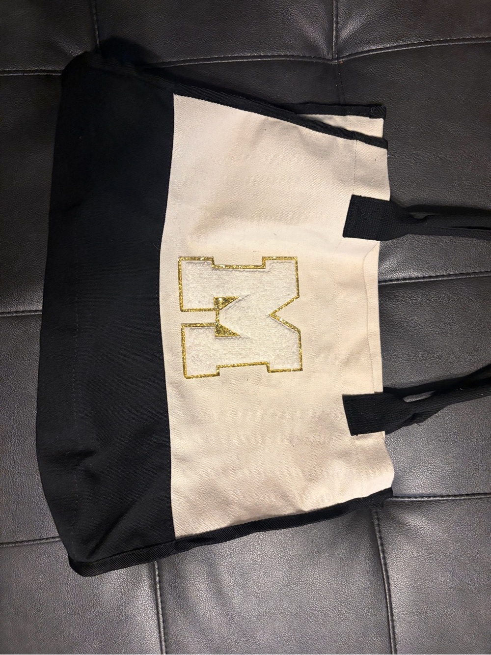 Canvas Two-Tone Black and Cream Tote Bag with Gold Accent